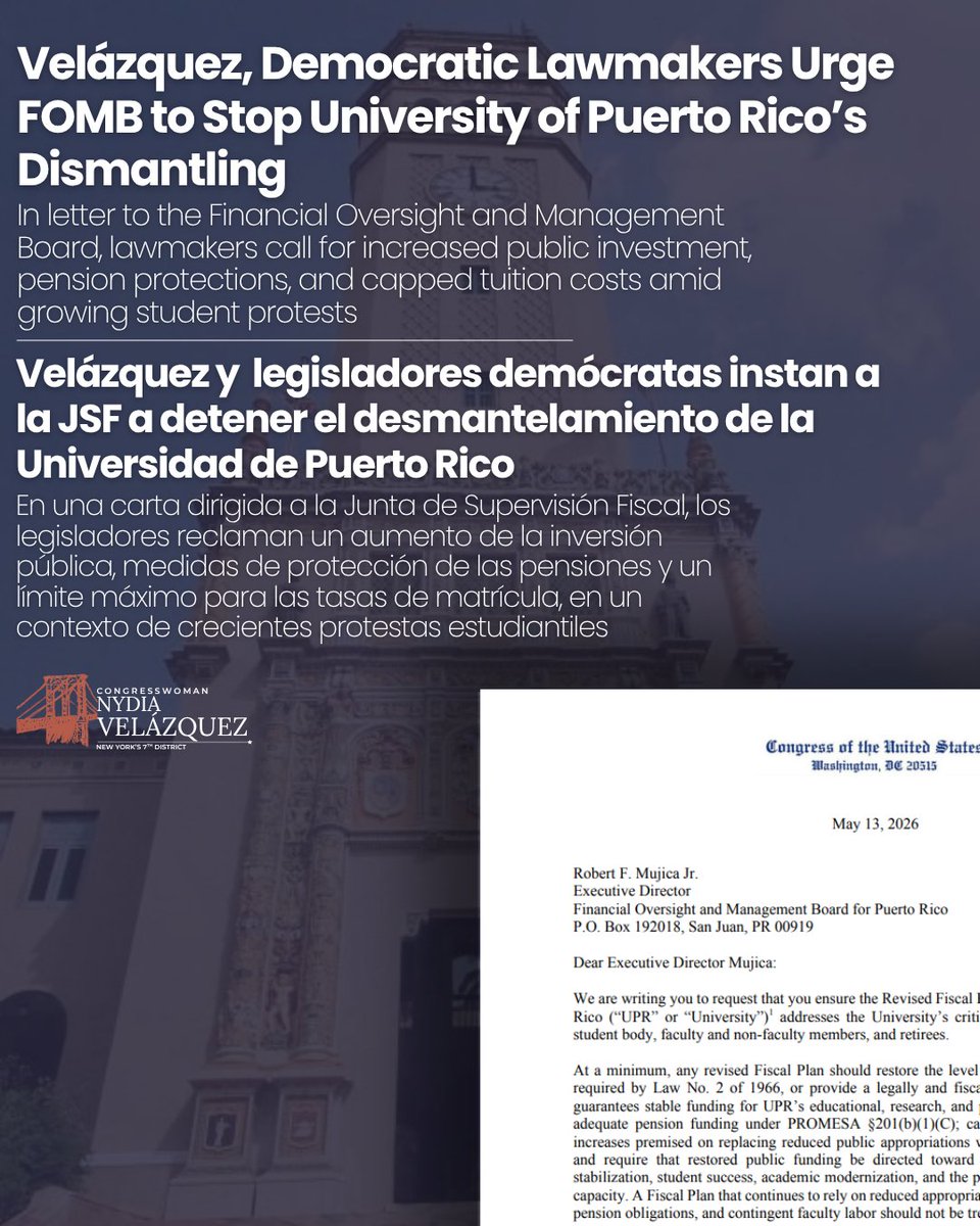 NydiaVelazquez's tweet photo. UPR is too important to Puerto Rico’s future to be dismantled by austerity.

This week, alongside my colleagues, I urged the Fiscal Oversight Board to reject harmful cuts, protect pensions, cap tuition costs, and invest in public higher education.

The UPR it is a pillar of research, healthcare, culture, and social mobility for Puerto Rico. We must protect it.

https://t.co/kbvXWHL1sf