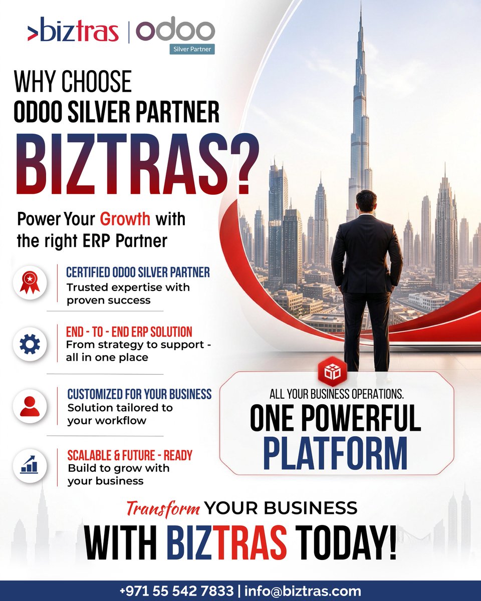 BiztrasIT's tweet photo. Unlock smoother operations, smarter decisions, and faster growth with Biztras!
From implementation to custom workflows and long-term support, we help you build a future-ready organisation.
📩 Transform your business with us today!

#Biztras #OdooSilverPartner #ERPExperts https://t.co/K5Ju3OkLiI