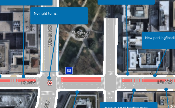 whiteknuckled's tweet photo. @DDOTDC They're adding a second red lane on the 1500 block south side of McPherson Sq BUT removing the right turns from Eye to 15th. That's going to really cut down on traffic on that one block, removing the easy way to stay 15th northbound. (replaced by left at K, right on 15th?) https://t.co/R3qealCByW