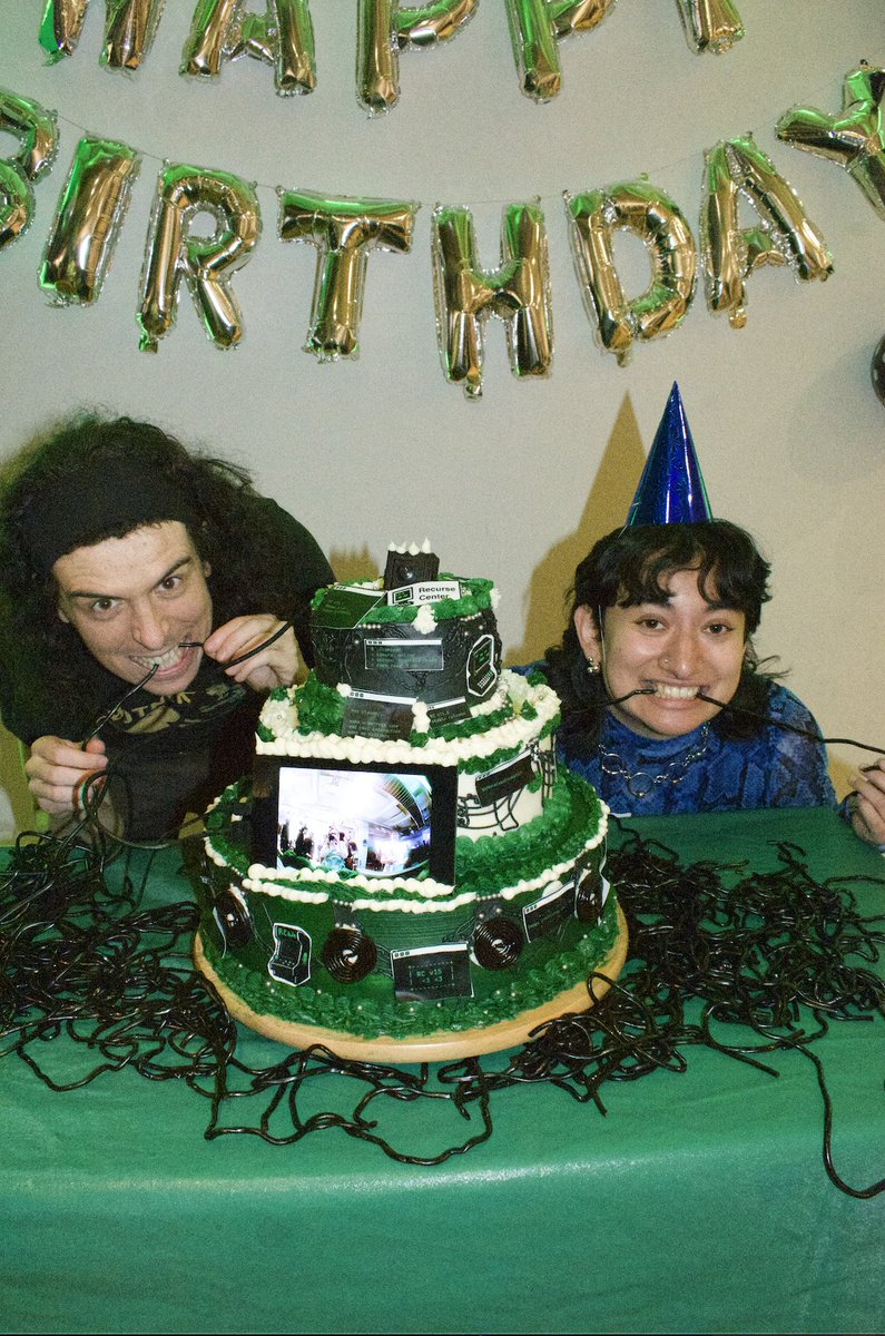 nicholasbs's tweet photo. 200 alums came back to celebrate the @RecurseCenter's  15th birthday last night.

We had a custom cake packed with programming jokes (plus real electronics with edible licorice wires), a giant inflatable octopus, an animatronic octopus that dances with you, robot karaoke, and an interactive art game using projection mapping.

Before cutting the cake, we counted down from 15, CracklePop-style.

Thanks to the team and all the Recursers who volunteered, and to everyone who came out.