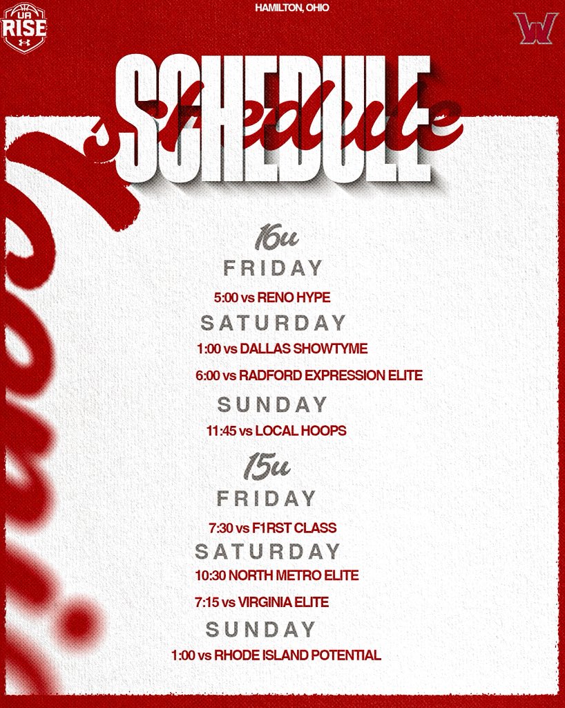SCWarriors2028's tweet photo. Schedule for this weekend! We are excited for UA Rise Sessions I at Spooky nook! Ecclesiastes 4:9 https://t.co/8TQop2lPmI