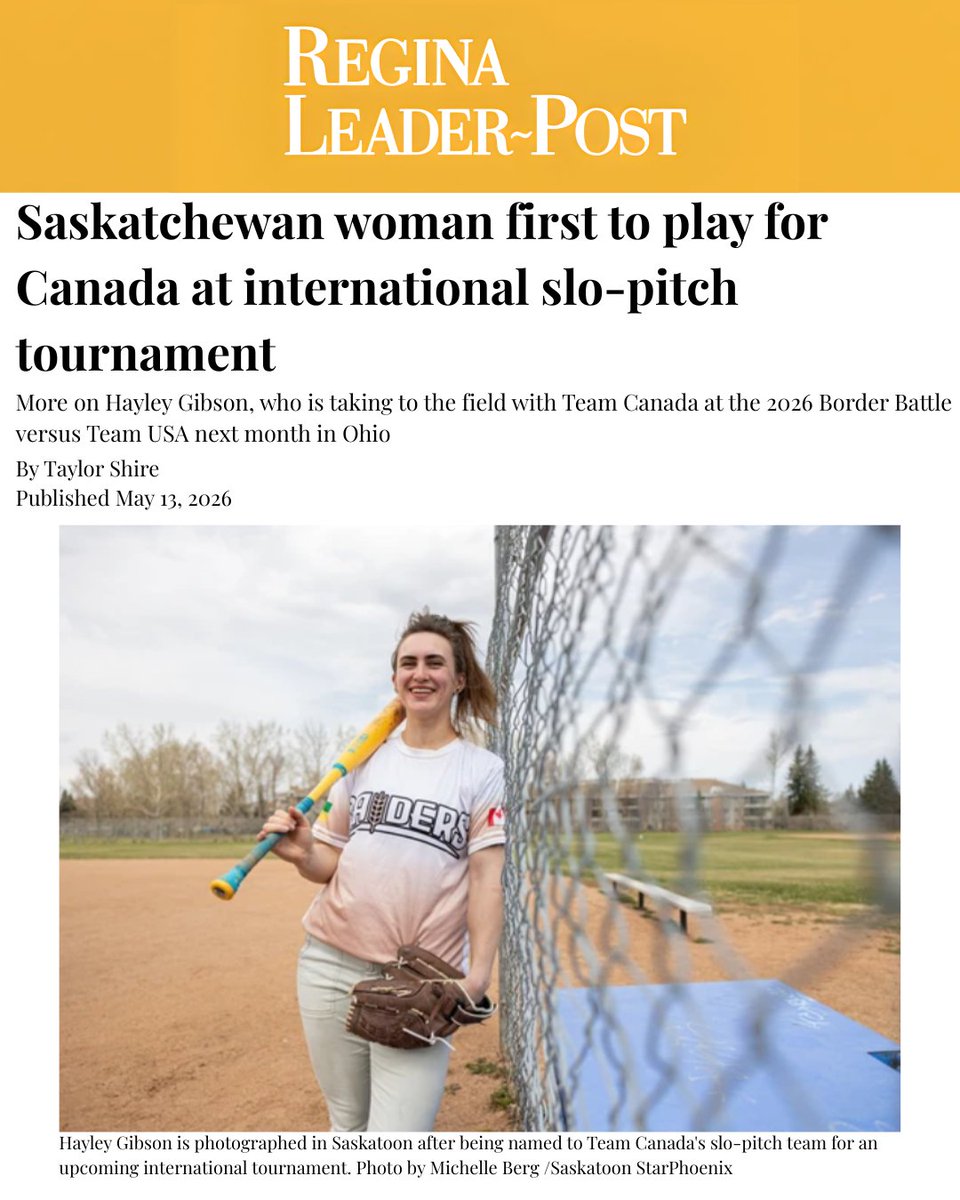 WarrenSteinley's tweet photo. Good luck and congratulations to Hayley Gibson for being selected to Canada’s roster for the 2026 Slo-Pitch Border Battle against Team USA. 
 
Gibson grew up playing competitive softball in Regina.

You make Saskatchewan proud, Hayley! https://t.co/sdtxlUB1wR