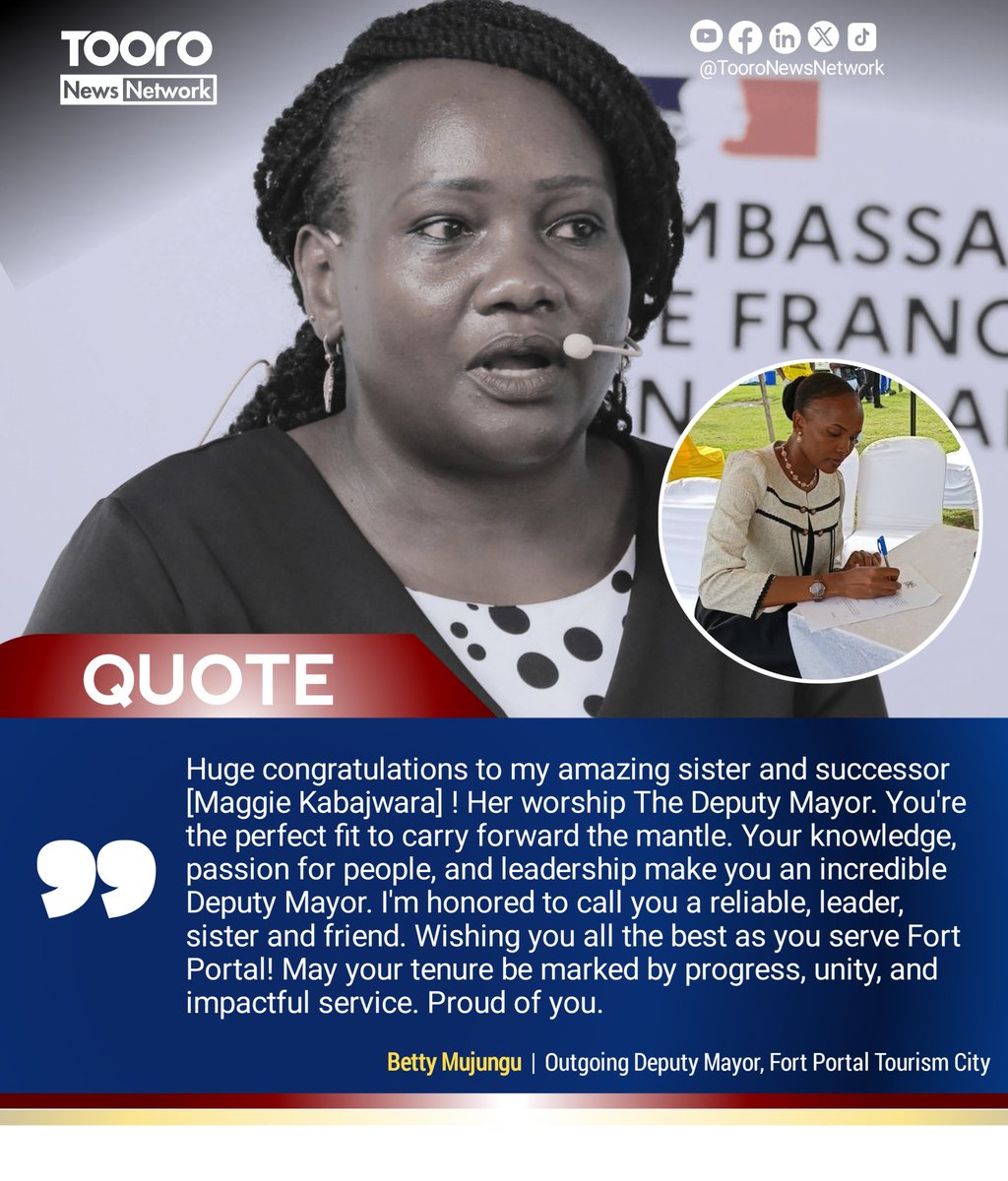 TooroNewsNet's tweet photo. Betty Mujungu, the outgoing Deputy Mayor, Fort Portal Tourism City, has wished her successor, Margret Kabajwara the very best. #TNNQuotes https://t.co/Am893iiWZX