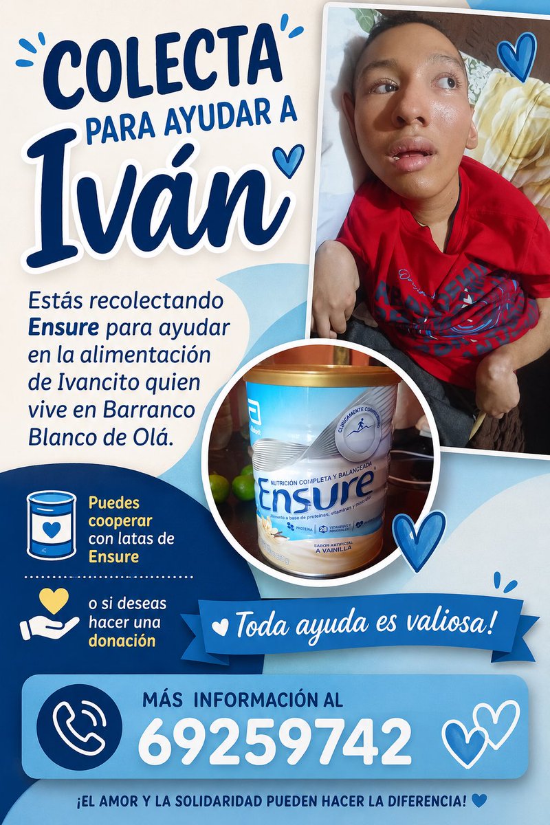 helenna18's tweet photo. Buenos días 
Estamos recolectando alimentos secos y Ensure para Ivan, vive en un área de difícil acceso y presenta condiciones de alimentación difícil

Si puedes contribuir escríbeme al dm 
Agradezco si pueden difundir 

Gracias 🙏 https://t.co/cnQrqDOJDC