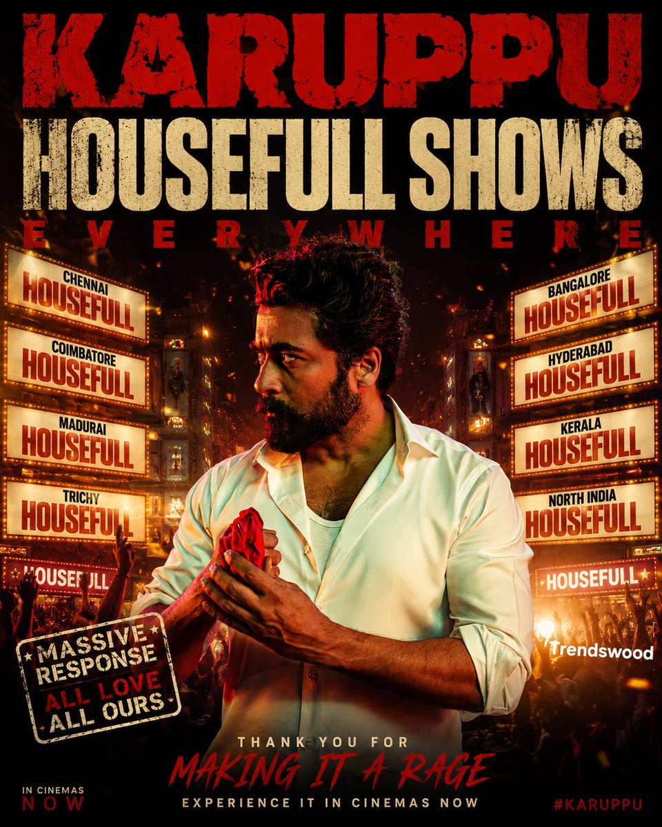Trendswoodcom's tweet photo. What A Comeback 🔥🐐
#Karuppu Witnessing Housefull Shows Wherever It Released 🚀🔥
THE ONE SURIYA Is Back With A Bang 💥🖤 https://t.co/bnQwYgwU2K