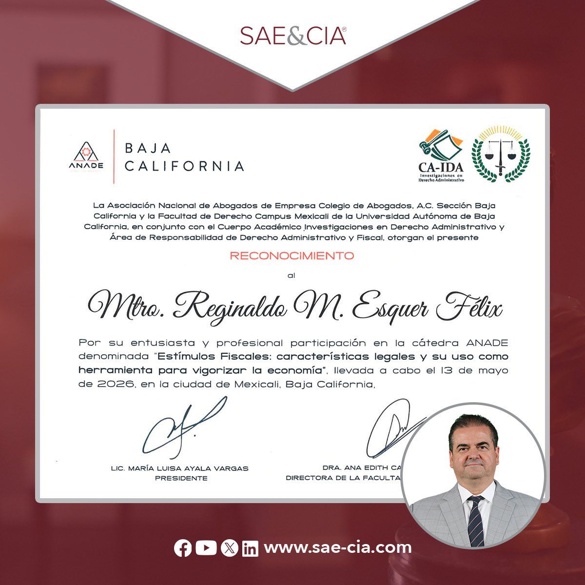 saecia_abogados's tweet photo. Reconocemos a nuestro Socio Director, Mtro. Reginaldo M. Esquer, por su participación en la cátedra ANADE “Estímulos Fiscales: características legales y su uso como herramienta para vigorizar la economía”, en conjunto con UABC

📹 Ve la conferencia aquí: 
https://t.co/9QOVCfgigf https://t.co/mZKCgt2zvA
