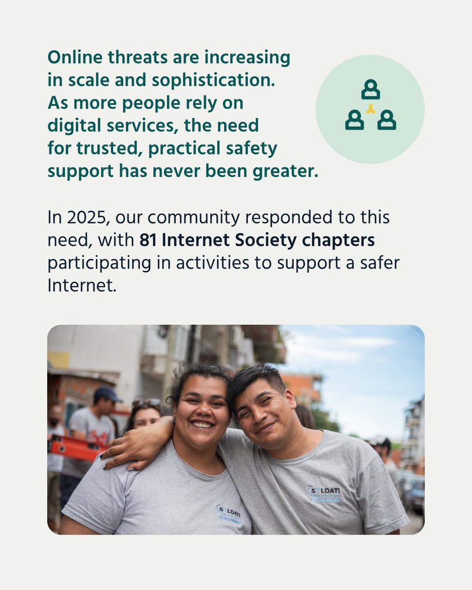 internetsociety's tweet photo. People everywhere deserve an Internet experience that is safe, secure, and protects them online.

In 2025, we prioritized targeted grants, training, and advocacy to amplify the knowledge and resources of our global community, enabling people and communities to navigate the Internet safely.