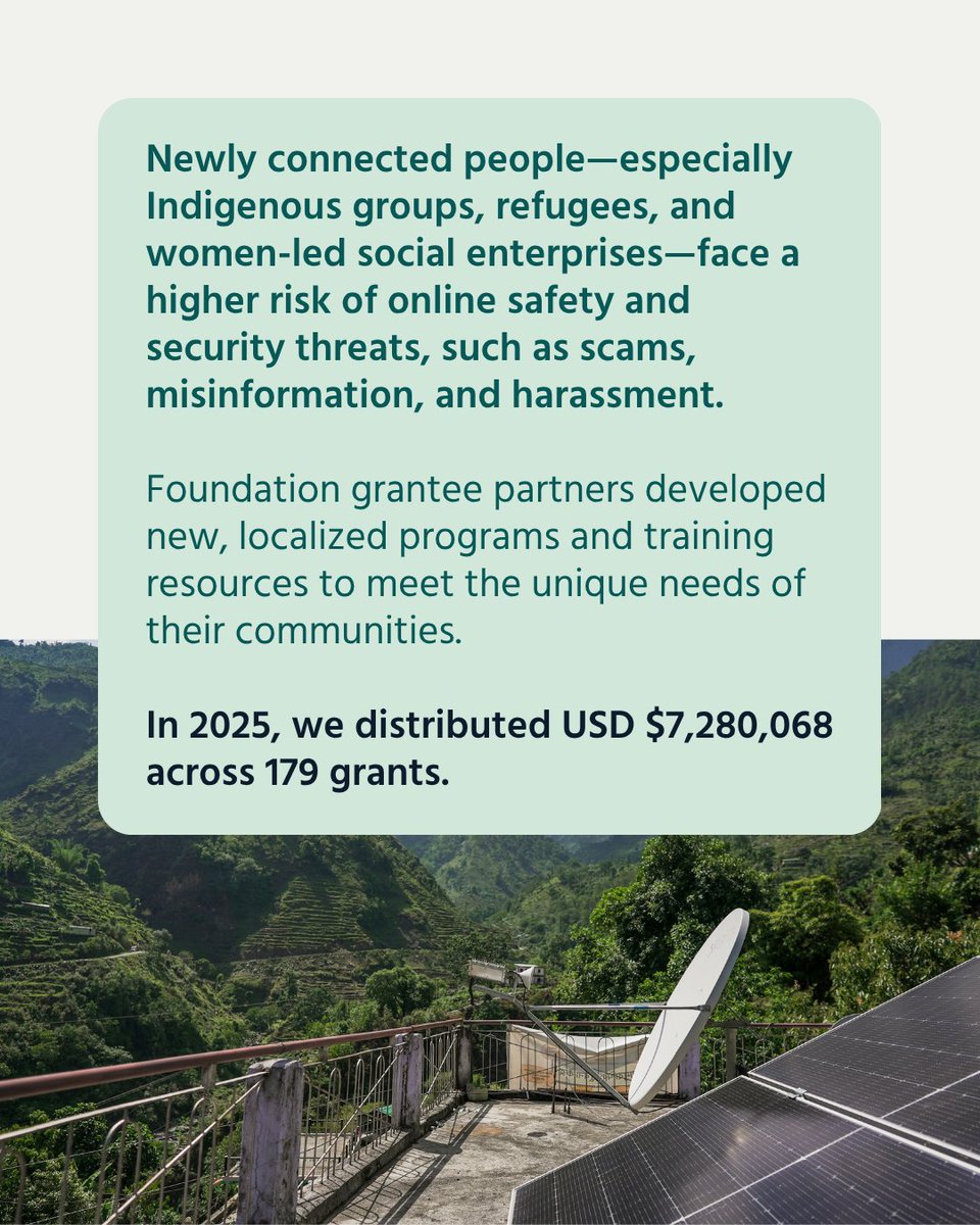 internetsociety's tweet photo. People everywhere deserve an Internet experience that is safe, secure, and protects them online.

In 2025, we prioritized targeted grants, training, and advocacy to amplify the knowledge and resources of our global community, enabling people and communities to navigate the Internet safely.