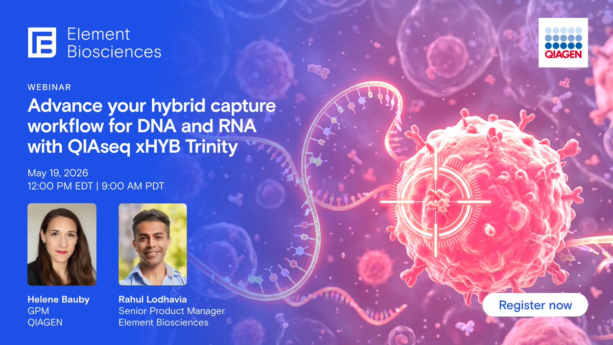 ElemBio's tweet photo. 🔬 Don’t miss a live webinar with Element and @Qiagen introducing QIAseq xHYB Trinity ™—a streamlined workflow that enables target capture directly on the sequencing flow cell, cutting time without compromising performance.

🗓️ May 19, 2026 
🕛 12:00 PM EDT | 9:00 AM PDT

Register now: https://t.co/VZNIJQgrFT. 

#NextGenSequencing #HybridCapture #TrinitySequencing