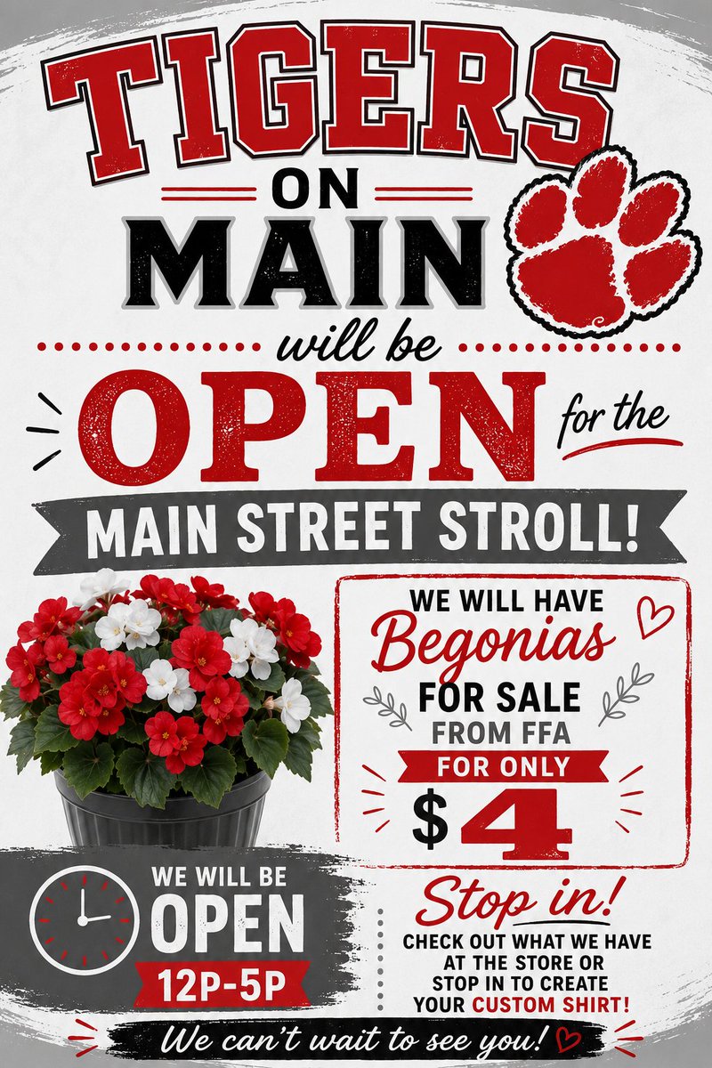 TigersonMainMO's tweet photo. Main Street Stroll is TOMORROW!

Be sure to stop by Tigers on Main from 12p–5p🐾

🌺 We’ll have begonias from FFA for sale for just $4
👕 Check out everything our students have created in the store https://t.co/N2w579aqjW