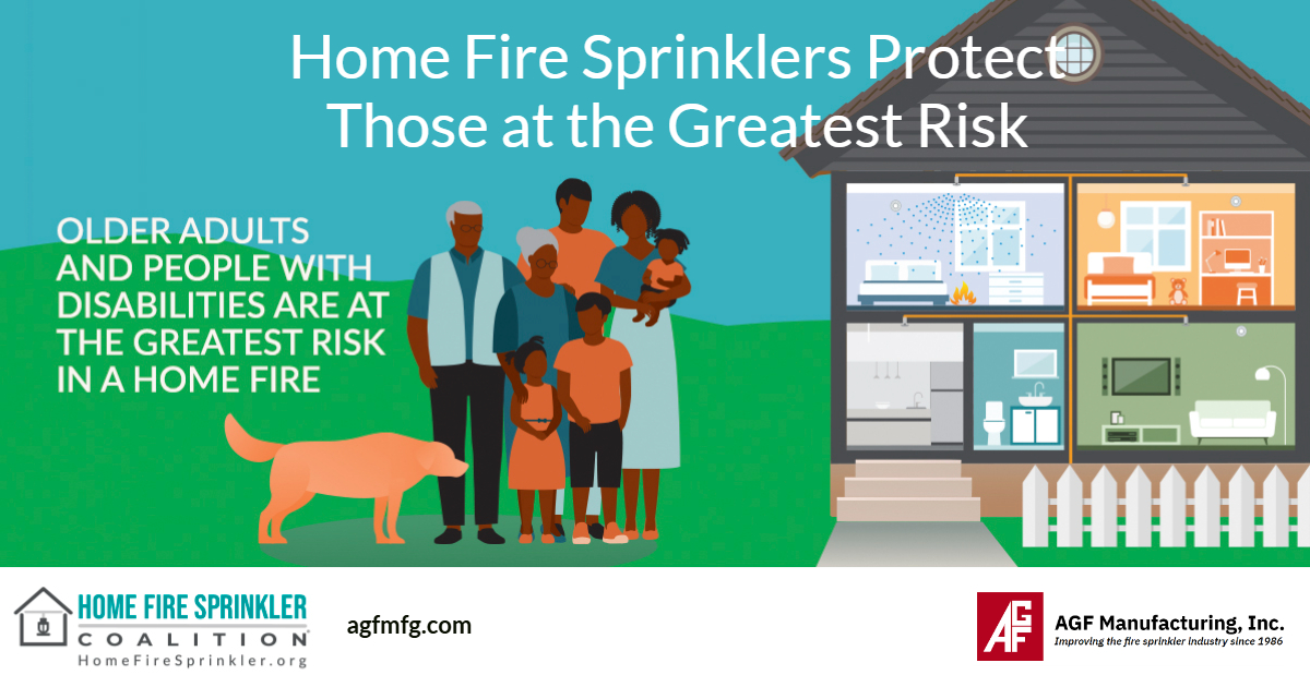 AGFMfg's tweet photo. For older adults and people with disabilities, escaping a home fire can be especially challenging. That’s why home fire sprinklers are so important — they help control or extinguish fires quickly, providing critical extra time to get to safety. 💧🚒 #HomeFireSprinklerWeek #FireSafeCommunity #FirePrevention