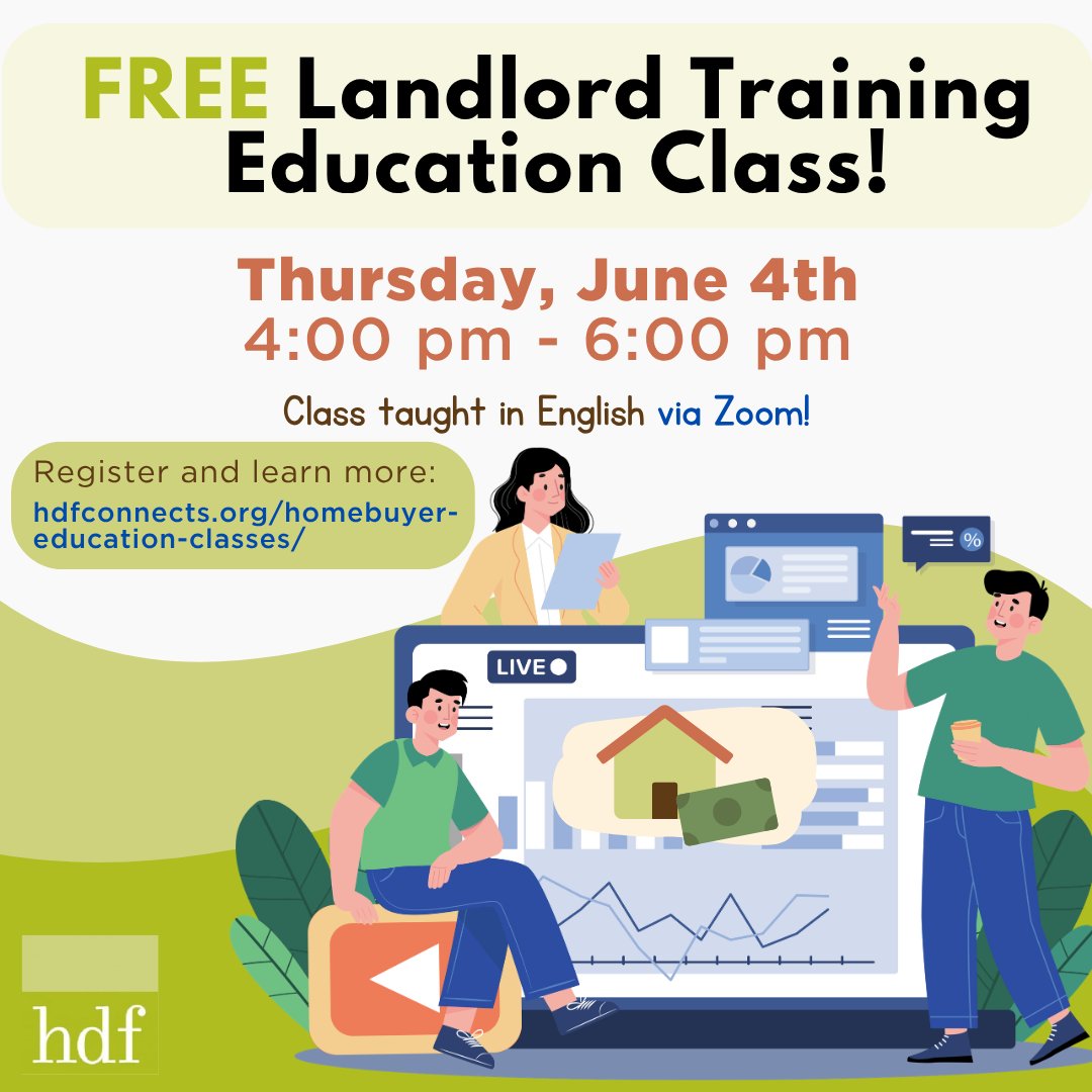HDFCT's tweet photo. HDF is offering a free landlord education class! Hope to see you all there!

📅Thursday, June 4th, 4pm-6pm
🔹Sign up below to access the Zoom Link

Sign up here: https://t.co/mw6YnfHKCJ #LandlordEducation #Homeownership #AffordableHousing https://t.co/mDnwdLaEcU