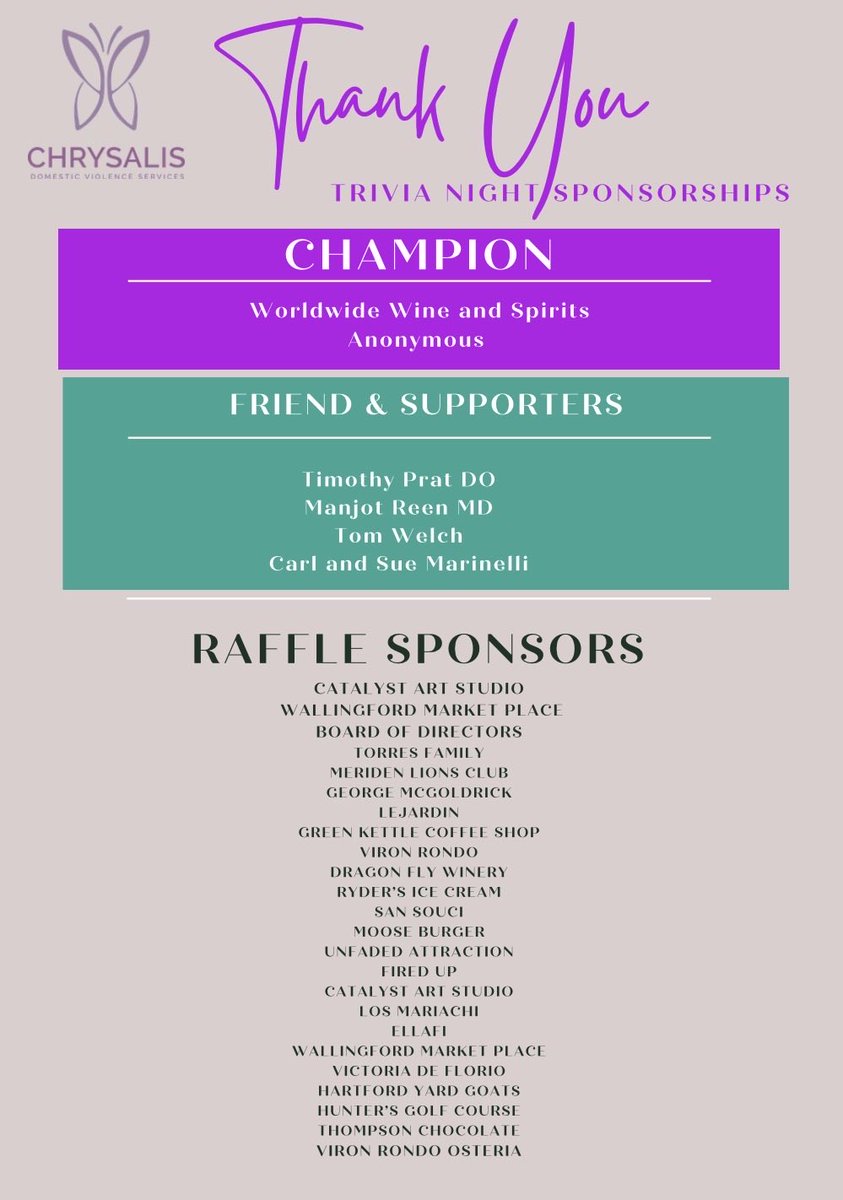 RealStrengthNow's tweet photo. Sponsor Spotlight 💜
A huge thank you to the incredible businesses featured here for supporting our upcoming Trivia Night fundraiser benefiting Meriden-Wallingford Chrysalis Domestic Violence Services.
Please help us thank and support these amazing businesses!

#CommunityStrong https://t.co/zwvgAdZk3D
