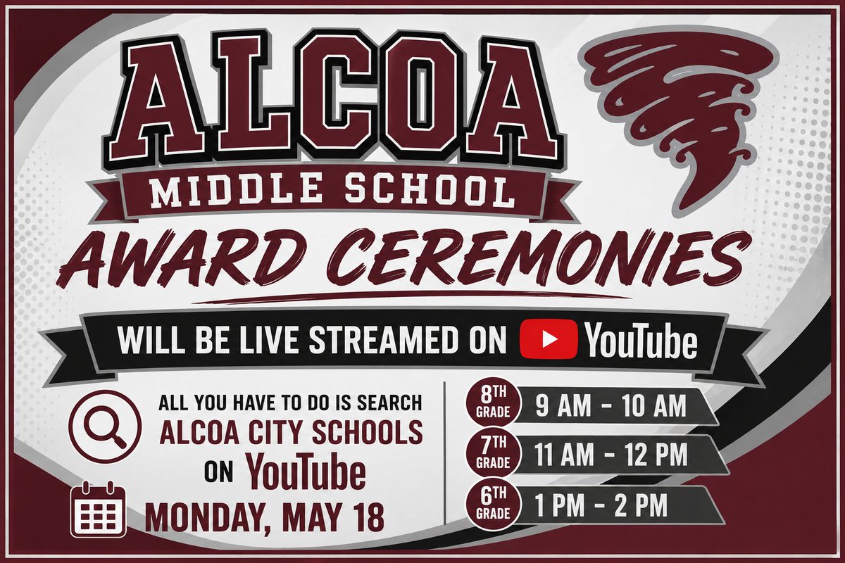AlcoaMiddle's tweet photo. 🎓 AMS Awards Ceremonies will be LIVE STREAMED on YouTube! 📺🌪️

Can’t attend in person? We’ve got you covered! Simply search “Alcoa City Schools” on YouTube to watch the ceremonies live.

🕘 8th Grade: 9 AM – 10 AM
🕚 7th Grade: 11 AM – 12 PM
🕐 6th Grad https://t.co/uW6GAnFEfh