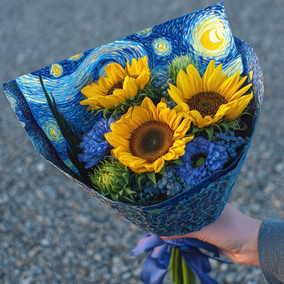 sunflowerchives's tweet photo. Sunflowers wrapped in blue💙🌻 https://t.co/NumU73TrAd
