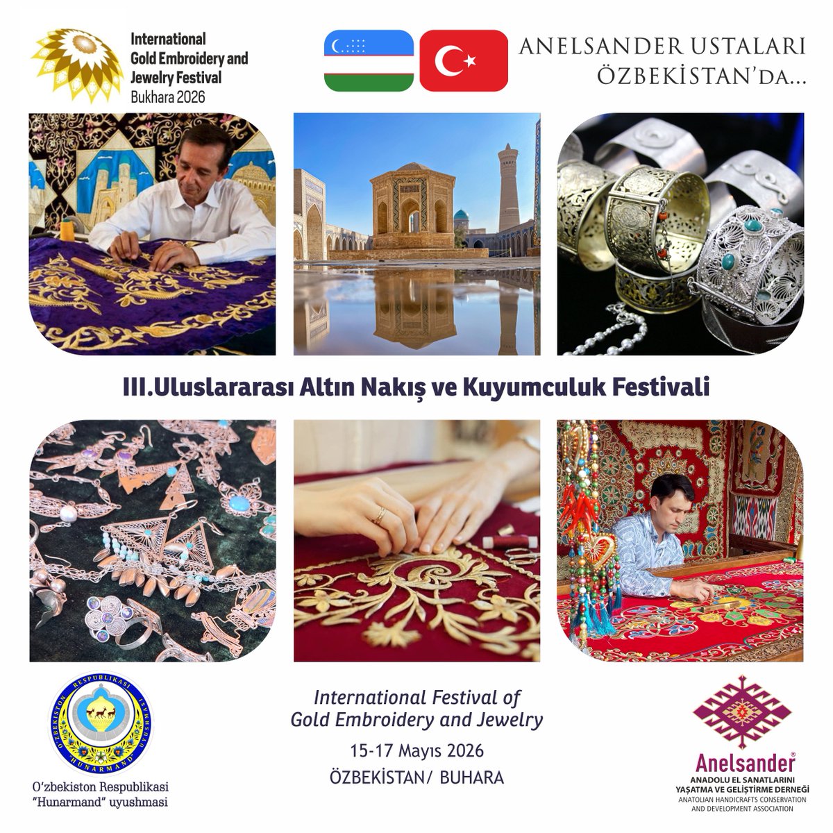 anelsander's tweet photo. 🇹🇷🇺🇿 ANELSANDER USTALARIMIZ ÖZBEKİSTAN'DA... 
15-17 Mayıs 2026 tarihleri arasında Özbekistan'ın Buhara şehrinde gerçekleşen  3nd International Festival of Gold Embroidery and Jewelry (*3.  Uluslararası Altın Nakış ve Kuyumculuk Festivali)* 'ne katıldı. @hunarmand_ #Anelsander https://t.co/wKtfst950g