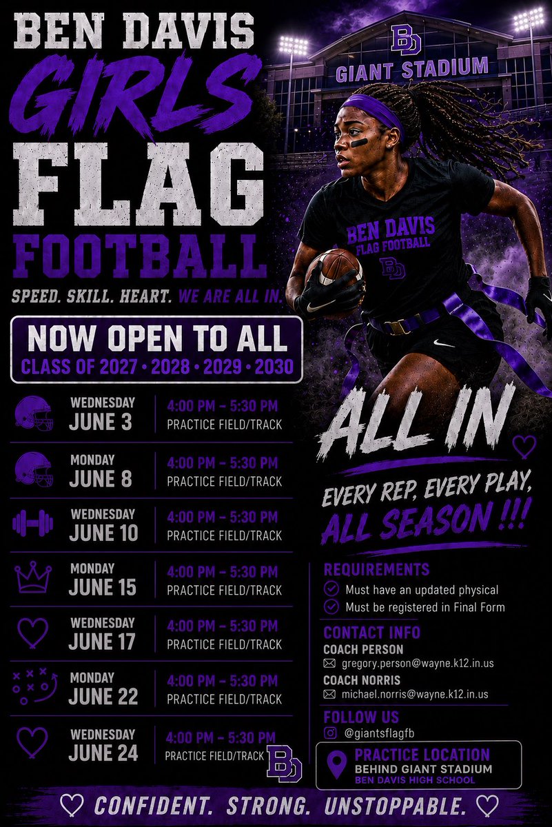 DannyKoska's tweet photo. Girls Flag Football workouts are now open to current 8th graders. #GoGiants https://t.co/b8J5QeZrTQ