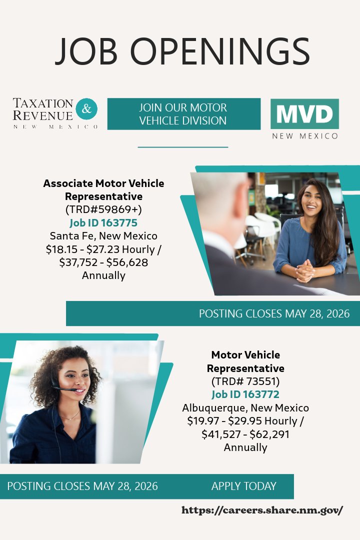 NM_MVD's tweet photo. The MVD is #hiring for positions in Albuquerque and Santa Fe. Find the full applications at https://t.co/J3lDyuXfnv. #jobs #MVDjobs https://t.co/FjEwS7ywP7