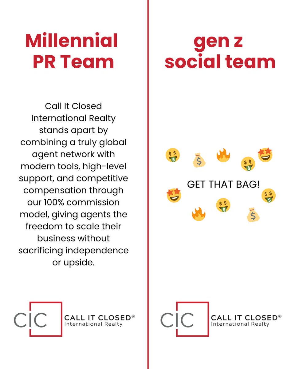 Callitclosed's tweet photo. No matter how it’s communicated, the message is the same.

Different generations. Same goal. A brokerage that actually works for agents. Connect with our team today at https://t.co/bN9A4EarwW.

#CallItClosed JoinCIC #JoinCallItClosed #ModernRealEstate #RealEstateCareers https://t.co/s5mu8z8Tco