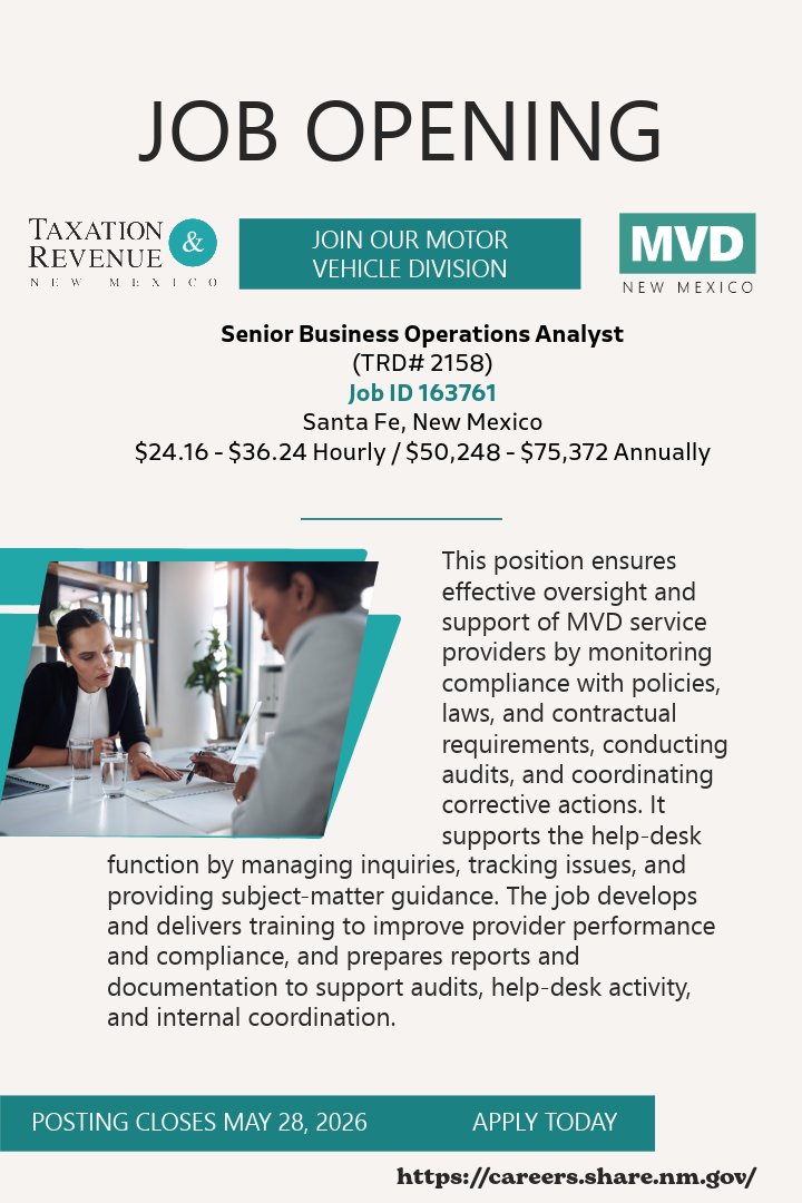 NM_MVD's tweet photo. The MVD is #hiring for positions in Albuquerque and Santa Fe. Find the full applications at https://t.co/J3lDyuXfnv. #jobs #MVDjobs https://t.co/FjEwS7ywP7
