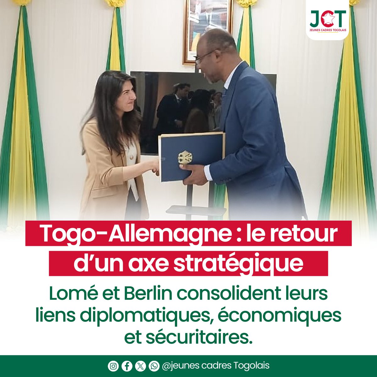JeunesCadresTog's tweet photo. De la mémoire coloniale aux enjeux géostratégiques actuels, Lomé et Berlin resserrent leurs liens. Coopération sécuritaire, diplomatie, patrimoine et développement : le partenariat entre le Togo et l’Allemagne prend une nouvelle dimension.
#Togo #Berlin #Coopération #TgTwittos https://t.co/1Zc1jNw4a8