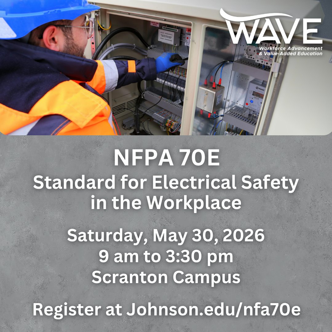 JohnsonCollege's tweet photo. Join our WAVE team and Steve Vidal, PE, Electrical Safety Trainer, for in-depth NFPA 70E training designed to help you recognize hazards, reduce risk, and work safely around energized equipment.

Saturday, May 30
9 a.m. – 3:30 p.m.
$375

Register today: https://t.co/eDel1GyIe2 https://t.co/E893BAgV4r