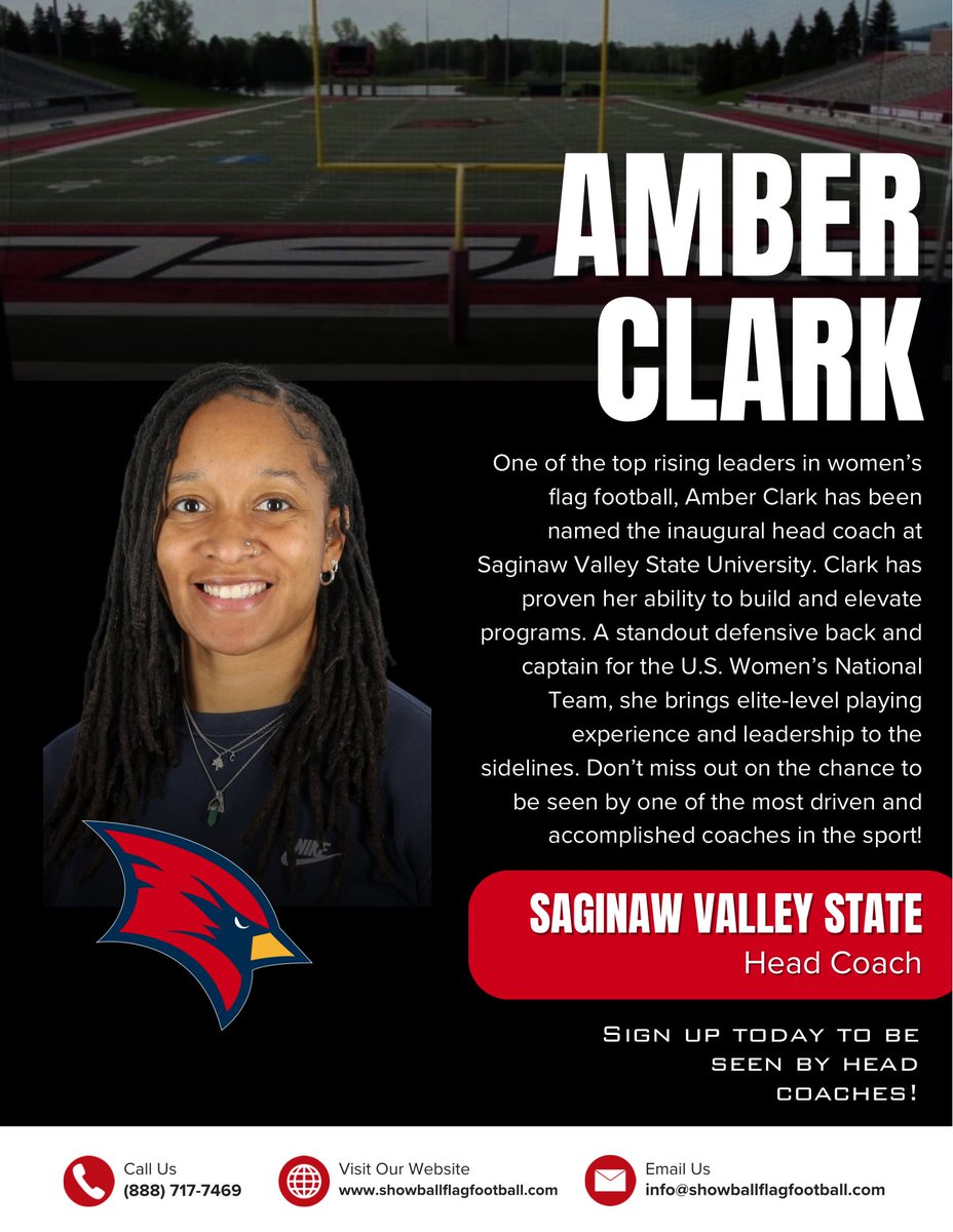 ShowballFlag's tweet photo. We’re excited to welcome Amber Clark-Robinson, Head Coach at Saginaw Valley State University, to the Showball lineup! 
🔗 https://t.co/srWZZvuli2
📞 (888) 717-7469
📧 info@showballflagfootball.com

#girlsflagfootball  #flagfootball  #womensflagfootball  #flagfootballgirls https://t.co/wXwarSaOw4