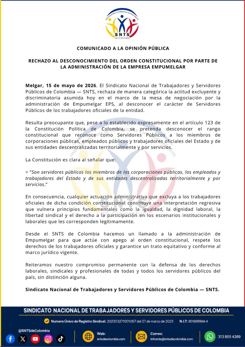 SNTSdeColombia's tweet photo. #COMUNICADO A LA OPINIÓN PÚBLICA

En rechazo al desconocimiento del orden Constitucional por parte de la administración de la empresa @empumelgar_esp 

Llamado a @MintrabajoCol @AntonioSanguino @sandramilemu @petrogustavo @PGN_COL por el respeto a la Constitución Política https://t.co/tBJB47PFvR