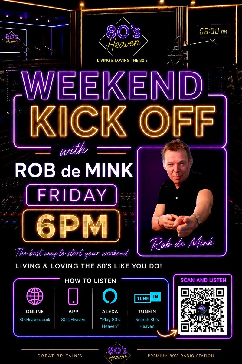 Heaven80s's tweet photo. Your 80’s Heaven weekend officially kicks off with @RobdeMink this evening at 6pm! #80sHeaven #80sHeavenRadio #80s https://t.co/Mk9VAcSBA1