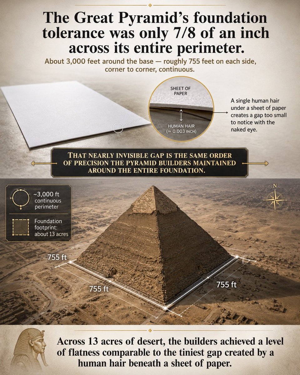 QuantifyingA's tweet photo. Daily thermal swings of 36°F (20°C) can cause the bedrock beneath the Pyramid to expand and contract by approximately 1.4 inches across a single side. That’s 1/4 inch greater than the 7/8-inch leveling tolerance achieved across the entire 3,000-foot perimeter. Let that sink in. https://t.co/zmF6u99oat