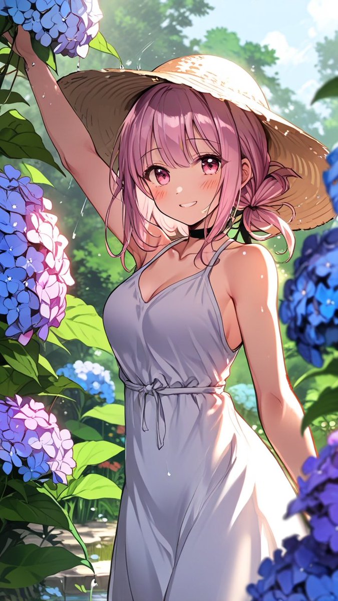❤️みぃーちゃんページ❤レアメモ沢山❤hydrangea 様のメモ#695 Momo-chan with hydrangeas in summer garden🌸 Her smile is pure