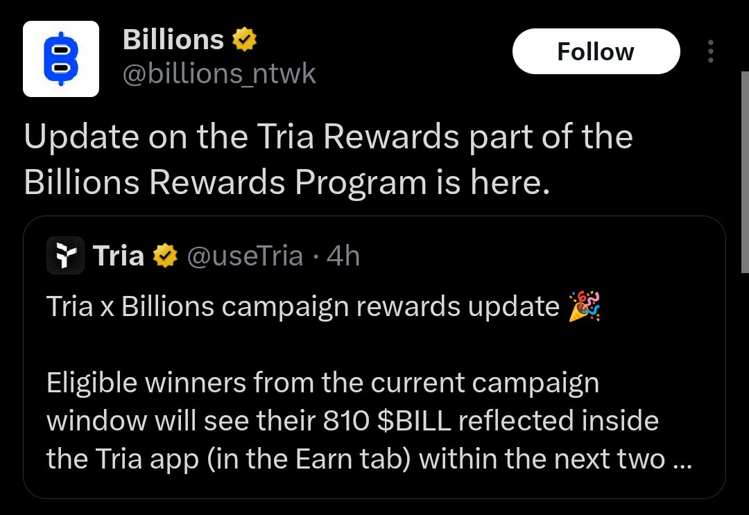 GACryptoO's tweet photo. 🚨 Tria x Billions Rewards Update

Eligible users from the latest campaign will receive 810 $BILL in the Tria app (Earn tab) within the next 2 weeks.

⏳ Tokens will be unlocked and distributed after 6 months.

⚠️ Note: All community campaigns (ICO, Tria rewards, airdrops) are locked for 6 months ~ no early unlock. This is one reason the price remains stable, so avoid FOMO.

💬 Worth the wait… or too long for just 810 $BILL? 🤔

💙Like 🔄 RT