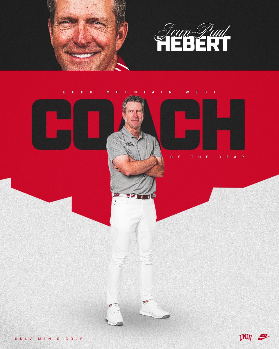 UNLVGolf's tweet photo. 𝐌𝐨𝐮𝐧𝐭𝐚𝐢𝐧 𝐖𝐞𝐬𝐭 𝐂𝐨𝐚𝐜𝐡 𝐨𝐟 𝐭𝐡𝐞 𝐘𝐞𝐚𝐫 👏

Congrats to Coach Hebert for being named the #mwmgolf Coach of the Year for the first time!

📰➡️ https://t.co/yXAYg8ffLp https://t.co/GYxH8gUV6b