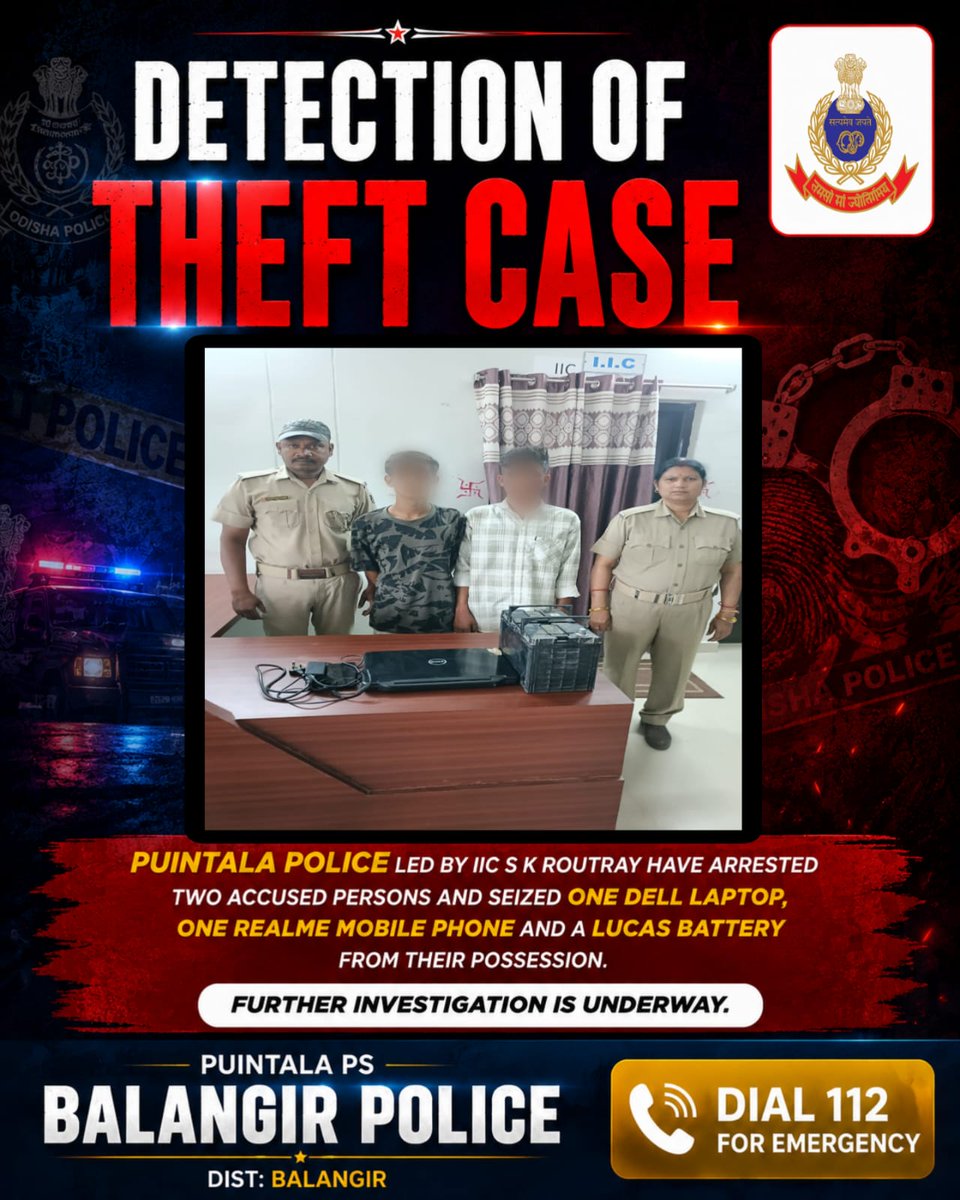 spbalangir's tweet photo. Detection of Theft Case !!!
Puintala Police led by IIC S K Routray have arrested two accused persons and seized one Dell laptop, one Realme mobile phone and a Lucas battery from their possession. Further investigation is underway. https://t.co/OJ7z7UkOQW
