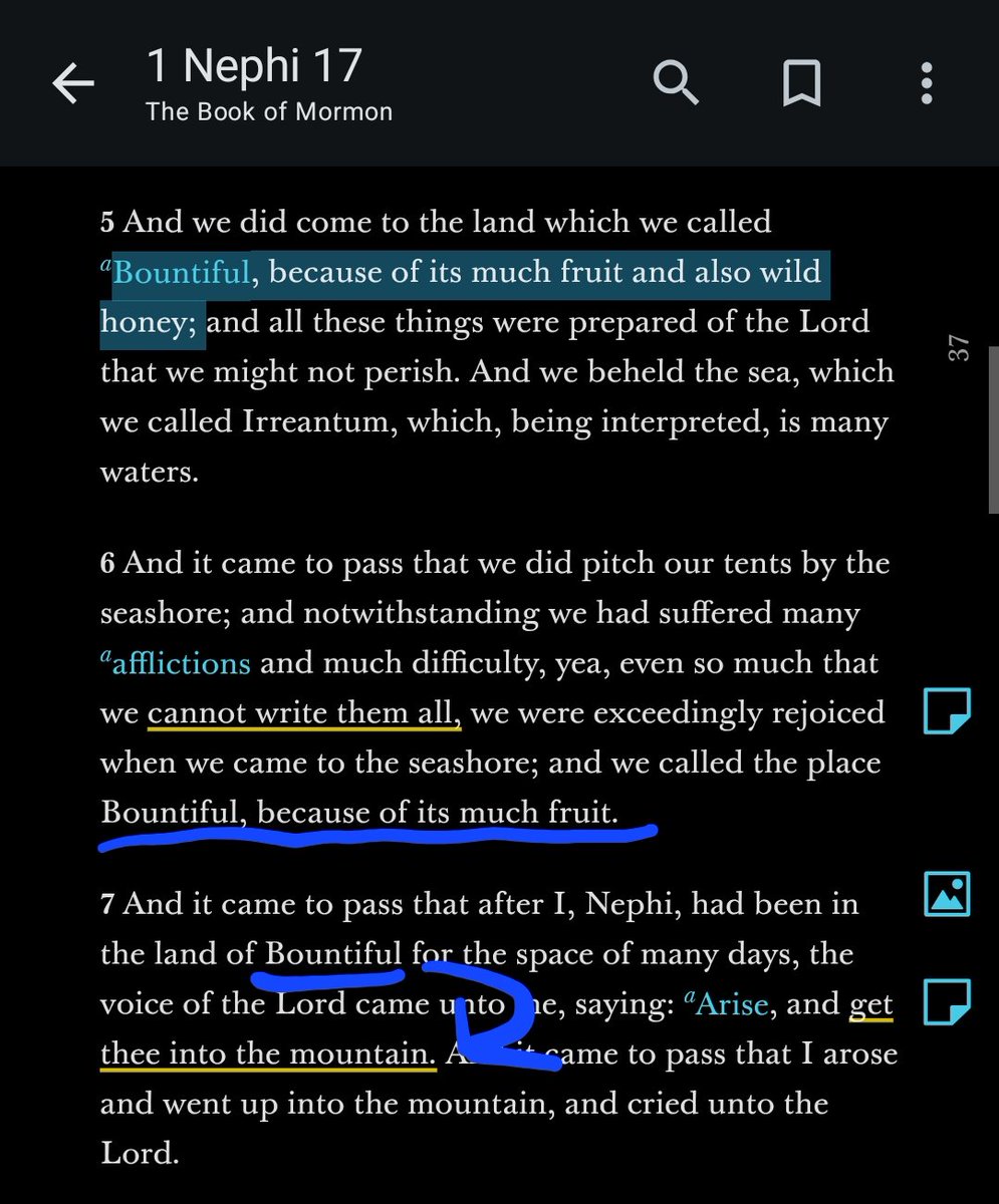 plasmarob's tweet photo. Haha I hated using the word drowning but basically do a deep dive in the small and simple things.

Best advice I can give is (1) read the Book of Mormon but try SPECIFICALLY to avoid focusing on the stories, the primary kid memes.
Look past them and look for patterns and symbols and act like you've never heard songs or seen cartoons. Get that all out of your brain, it's antimemetic poison. Read it like you're Parley in the 1800s.

(2)
It helps to read scholars or podcasts who have mapped the book of mormon language to hebrew roots.
Learn to only see consonants where appropriate.

Mulek son of King Zedekiah...
his name Mulek == Moloch

"I myself was a wicked man" says Omni, who passes it to son Amaron then brother he named Chemish == Chemosh the aries war god

(3) look for patterns and chiasms where concepts reverse. Look for adjacent mappings of ideas. Look where a word is used because the text is often self defining.
I will provide an example below w Bountiful.

Bountiful is a representation of an end of their journey, a celestial room, and of reaching the Tree of Life, and it says so and triple emphasizes the word and mountain ascent being associated.
The text is screaming it!

And then they have to prepare to leave just like the Saints finishing the Nauvoo temple and then having to build handcarts. The temple gift prepares you for a bigger journey, and you get endowed before mission or marriage.

Jesus appeared at the temple in Bountiful and then sent people forth to be missionaries from there in 3rd Nephi, and people labored hard to get there in time to see Jesus, as though along the rod of iron to reach the Tree of Life.

It's all right there, you just have to learn what it means to search, laboring intellectually to pattern match and seek and ask and knock and so forth.