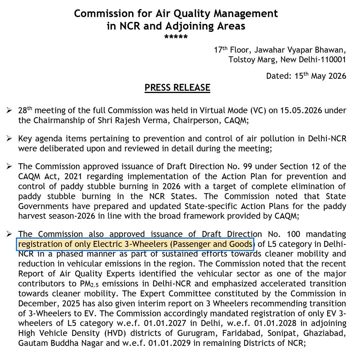CBhattacharji's tweet photo. Breaking: 
3 #airpollution headlines 

1. No new fossil fuel 3-wheelers (passengers, goods category) in #Delhi from 1st Jan, 2027. 
@CAQM goes step further than @CMODelhi’s EV plan which is still a draft.  

1/3 https://t.co/YPM6sT3NXv