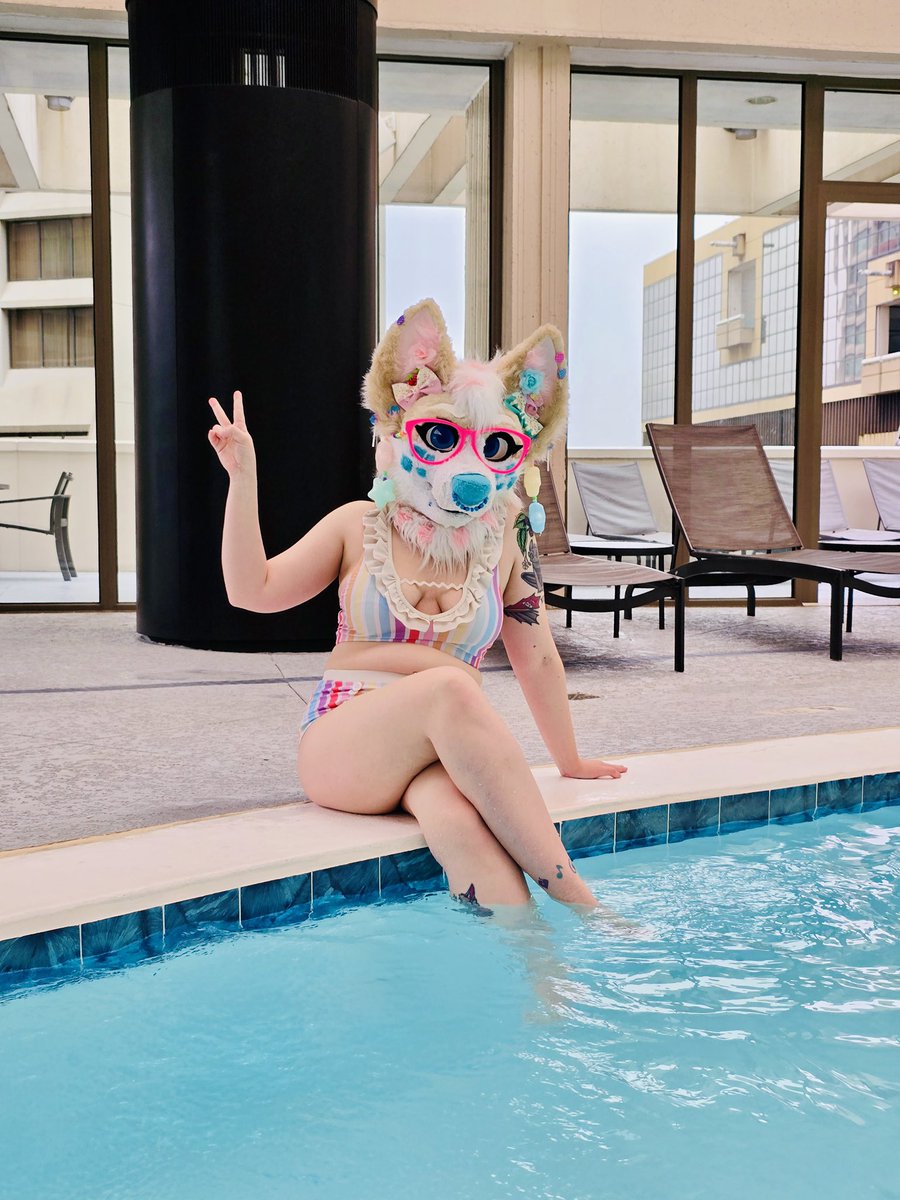 CorgiCc's tweet photo. Pretty puppy pool time! 💖🎉🙌 This was my first real opportunity to suit at a con pool and it was so much fun 💫 
{shout out to @NikkotheFoon for being my photographer 📸} 
#ccthecorgi #FWA #FWA2026 #furry #pool https://t.co/R5EMgxfDTO