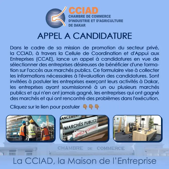 cciad_senegal's tweet photo. Merci de cliquer ici pour postuler 👇🏼👇🏼👇🏼
https://t.co/KAk3vZ0Oc9 https://t.co/6lADnJ9irv