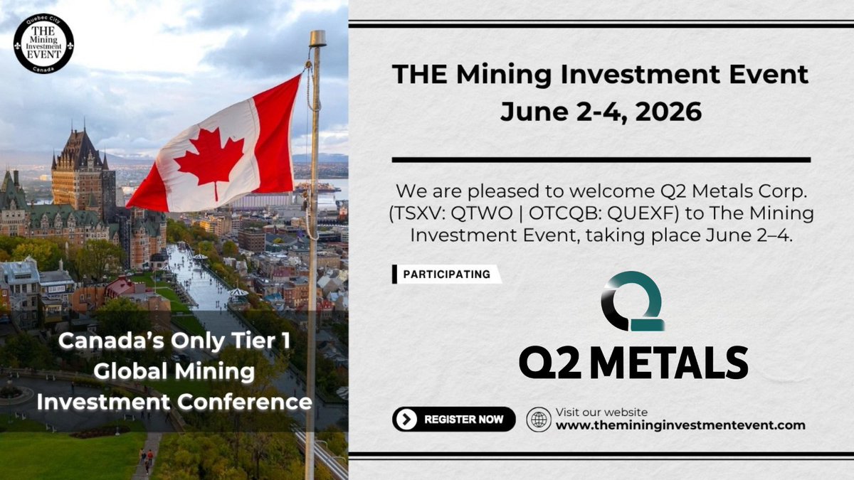 Q2Metals's tweet photo. The @Q2Metals team is looking forward to attending @THEMiningEvent this year. $QTWO $QTWO.V $QUEXF

📍 Quebec City
📆 June 2-4, 2026

We look forward to presenting the Cisco Lithium Project to investors and industry leaders.  

Learn more &amp; register here: https://t.co/Lntm9UyokY https://t.co/PxjkPQ3v3x