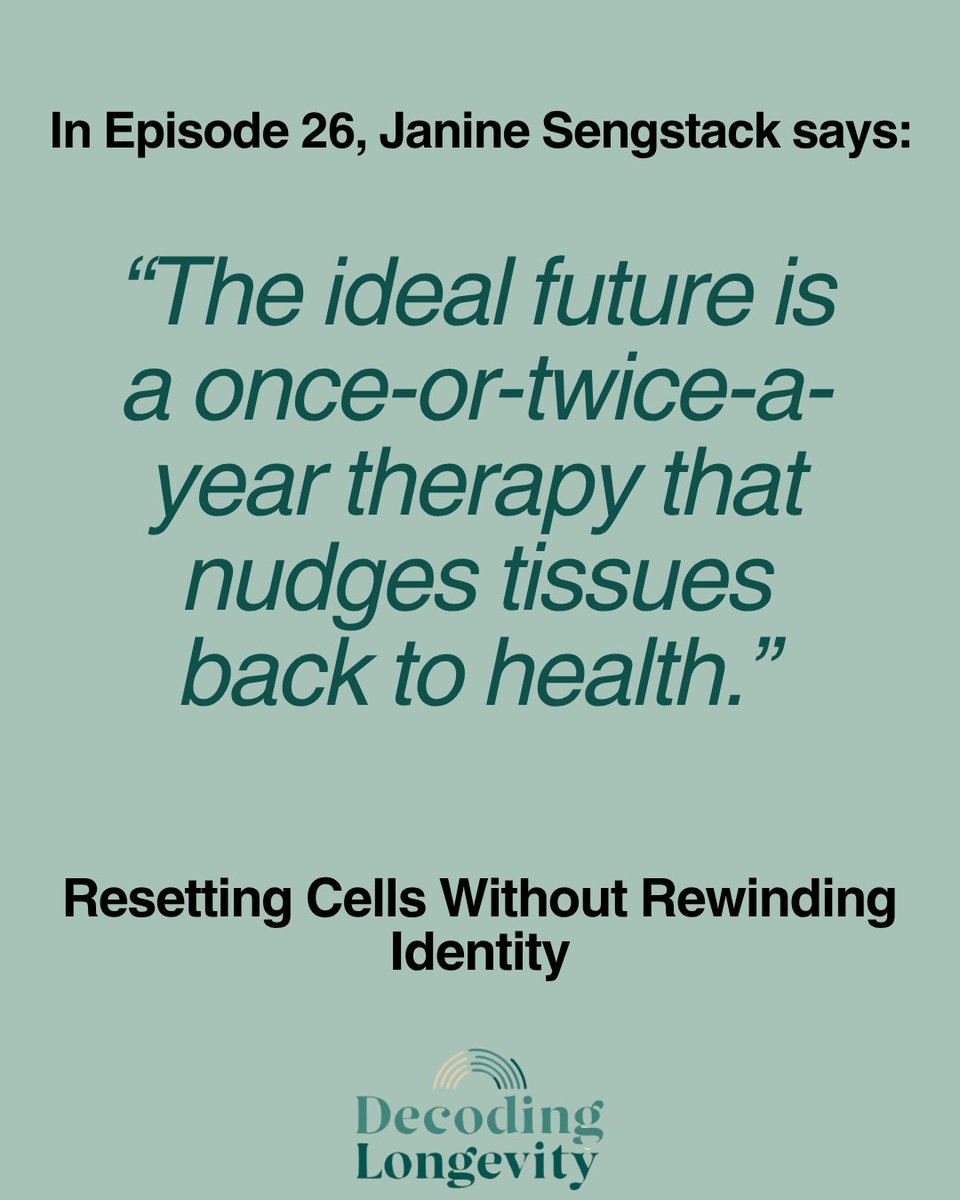 DcodLongevity's tweet photo. What if the future of medicine isn’t replacing cells…
but resetting them?

@JanineSengstack on the vision of infrequent therapies that could restore healthier cellular function.

🎧 New @DcodLongevity episode out now.

#Biotech #Longevity #Healthspan https://t.co/rWV72Ki8OW