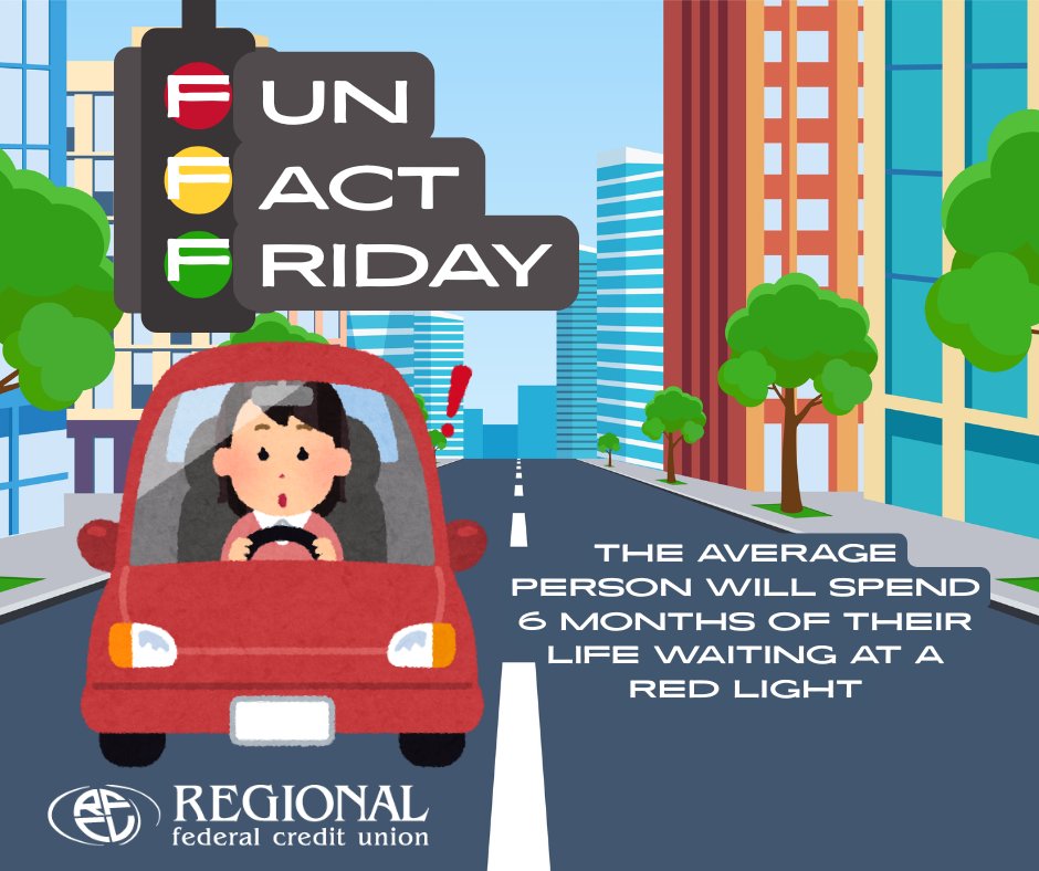 REGIONALFCU's tweet photo. This amounts to 20 percent of a person’s driving time.

#FunFactFriday #Stoplight #Driving https://t.co/5h29EA6yzv