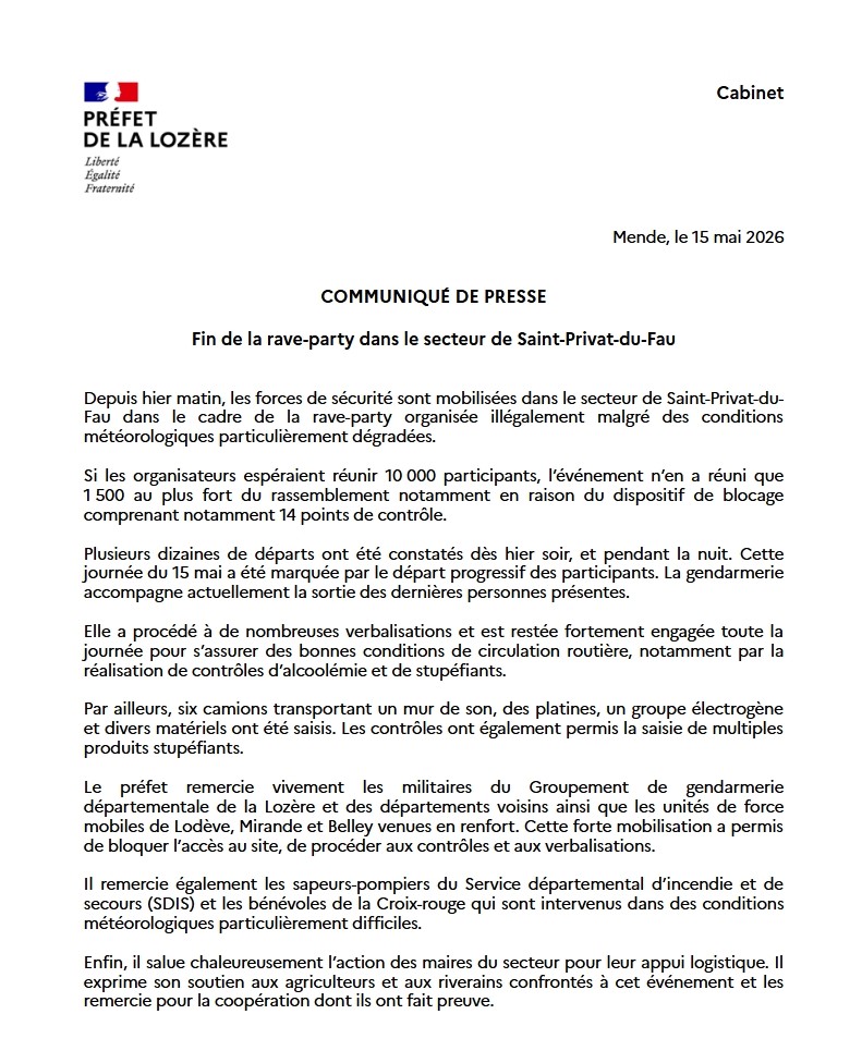 Image de Préfet de la Lozère : Fin de la rave-party dans le secteur de Saint-Privat-du-Fau

Depuis hier matin, les forces de sécuri