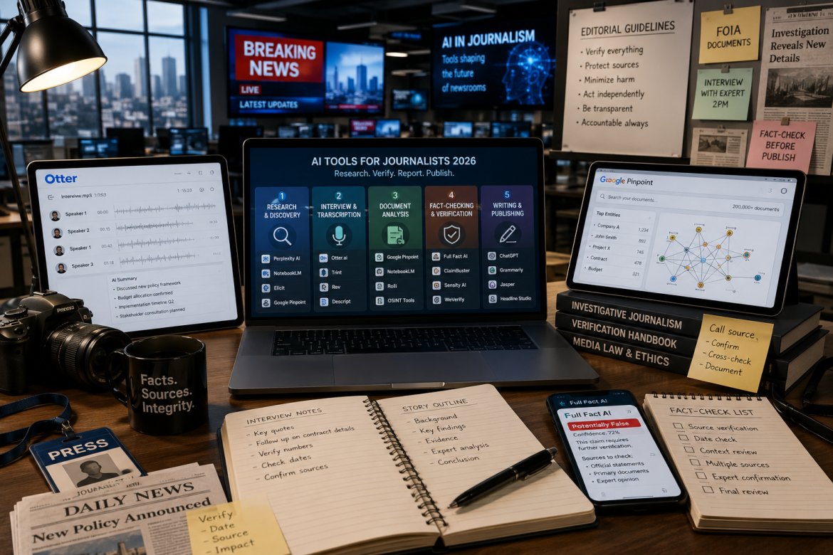 NeuralCoreTech's tweet photo. AI is transforming journalism in 2026 — but not the way most people think.

The biggest gains aren’t AI-written articles. They’re faster research, transcription, document analysis, and fact-checking workflows.

I analyzed the best AI tools for journalists 👇

#AI #Journalism https://t.co/huY9oYLYnm