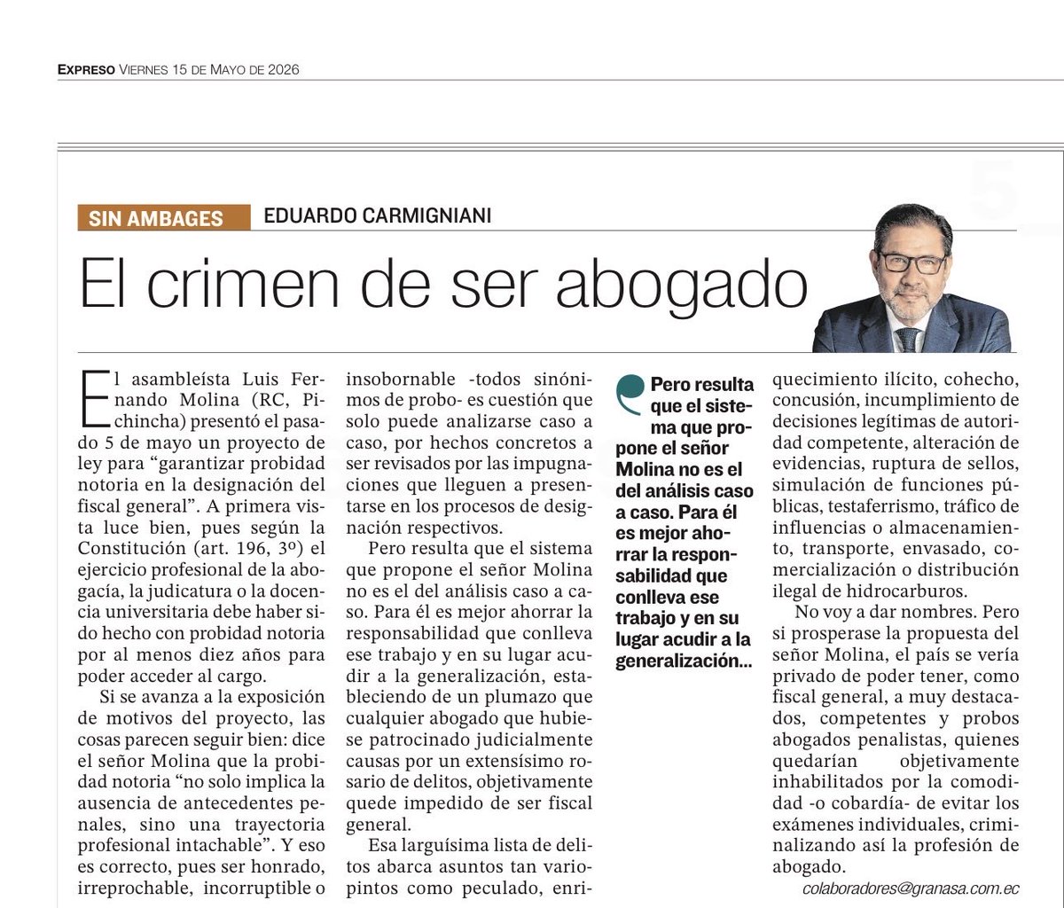 ecarmigniani's tweet photo. Sobre el proyecto de ley del asambleísta Molina (RC, Pichincha) que impediría que el país pueda tener, como fiscal general, a algún destacado y probo abogado penalista. https://t.co/jfza1BzEZT