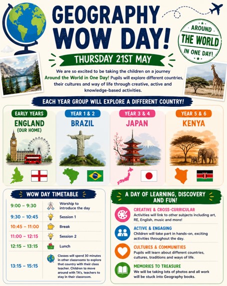 puller_memorial's tweet photo. 🌍 Geography WOW Day 2026: “Around the World in One Day” 🌍

On Thursday 21st May, pupils will explore countries, cultures, and ways of life through a range of creative, active, and knowledge-based activities. A global journey—without leaving school! ✈️ https://t.co/Q9DAzjjY6b