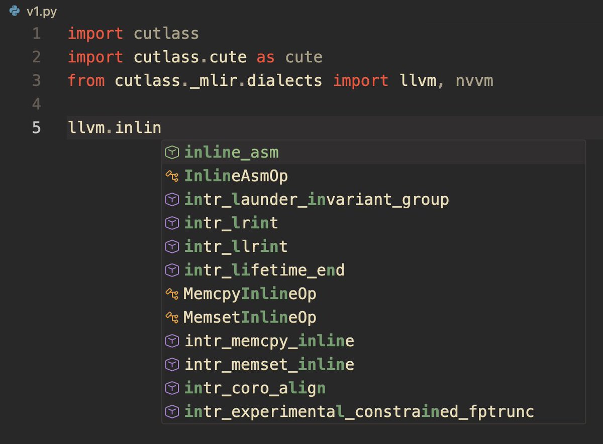 maharshii's tweet photo. You can easily get intellisense and auto-complete for nvidia-cutlass-dsl with vscode on Macbook for kernel development purposes:

> download "nvidia cutlass dsl libs base" wheel
> not the "nvidia cutlass dsl" wheel, it does not contain any python source
> extract it to a directory
> get full path for "nvidia_cutlass_dsl/python_packages" from the extracted directory
> add it to pylance in vscode under "python.analysis.extraPaths"

Note: for actually testing the code, you will need a nvidia GPU to run it on. I figured this out just now, so there might be some things that I may have overlooked.