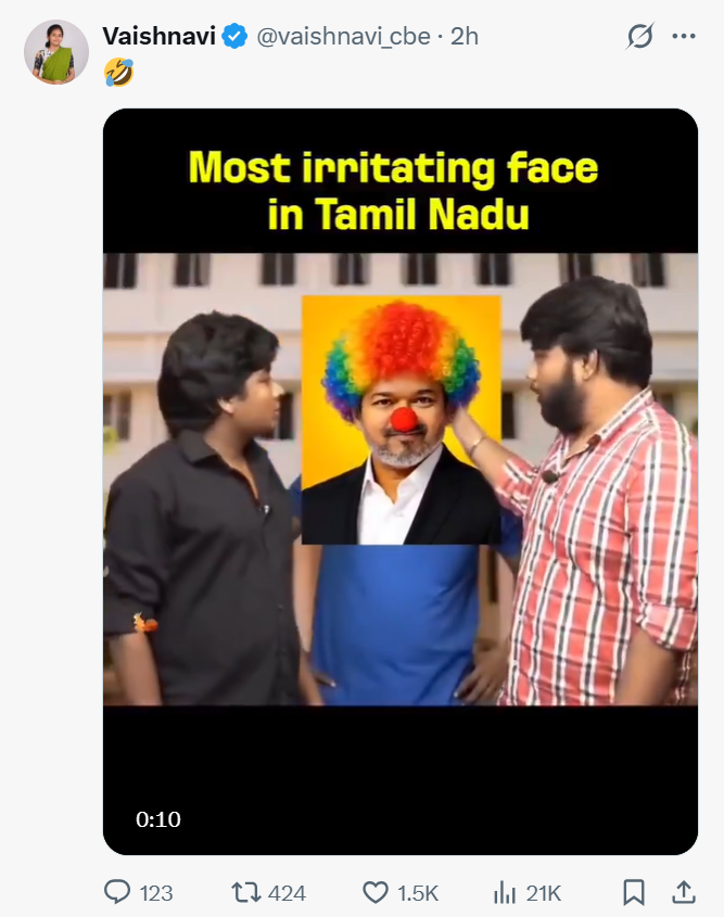 TVK_SLzz's tweet photo. TVK நண்பா நண்பிஸ்,
இவள் ஒரு தருதலை… நம்ம முதல்வரையே தரக்குறைவாக பேசுறாள். நாம எல்லாரும் சேர்ந்து ரிப்போர்ட் பண்ணினா இவளோட ID தூக்கலாம். சம்பவம் செய்வோமா? அனைவரும் share பண்ணுங்க 🔥
ID @vaishnavi_cbe 
Go to her profile
Click ... 3 dots
Click- report
Choose - Violent speech https://t.co/U4xJY2DbFq