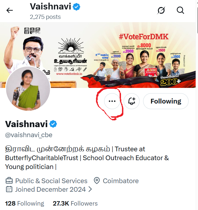 TVK_SLzz's tweet photo. TVK நண்பா நண்பிஸ்,
இவள் ஒரு தருதலை… நம்ம முதல்வரையே தரக்குறைவாக பேசுறாள். நாம எல்லாரும் சேர்ந்து ரிப்போர்ட் பண்ணினா இவளோட ID தூக்கலாம். சம்பவம் செய்வோமா? அனைவரும் share பண்ணுங்க 🔥
ID @vaishnavi_cbe 
Go to her profile
Click ... 3 dots
Click- report
Choose - Violent speech https://t.co/U4xJY2DbFq