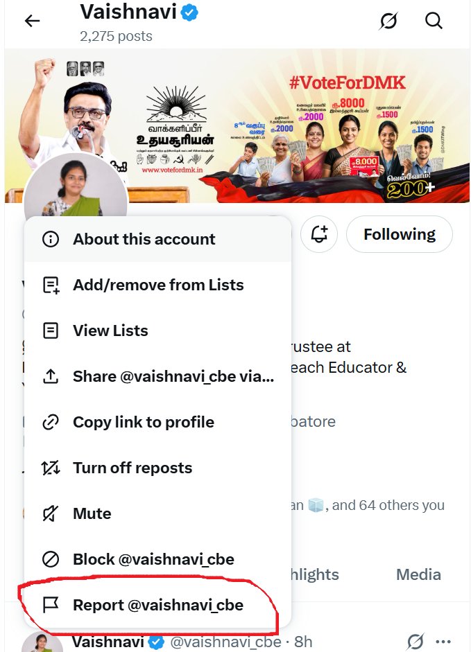 TVK_SLzz's tweet photo. TVK நண்பா நண்பிஸ்,
இவள் ஒரு தருதலை… நம்ம முதல்வரையே தரக்குறைவாக பேசுறாள். நாம எல்லாரும் சேர்ந்து ரிப்போர்ட் பண்ணினா இவளோட ID தூக்கலாம். சம்பவம் செய்வோமா? அனைவரும் share பண்ணுங்க 🔥
ID @vaishnavi_cbe 
Go to her profile
Click ... 3 dots
Click- report
Choose - Violent speech https://t.co/U4xJY2DbFq