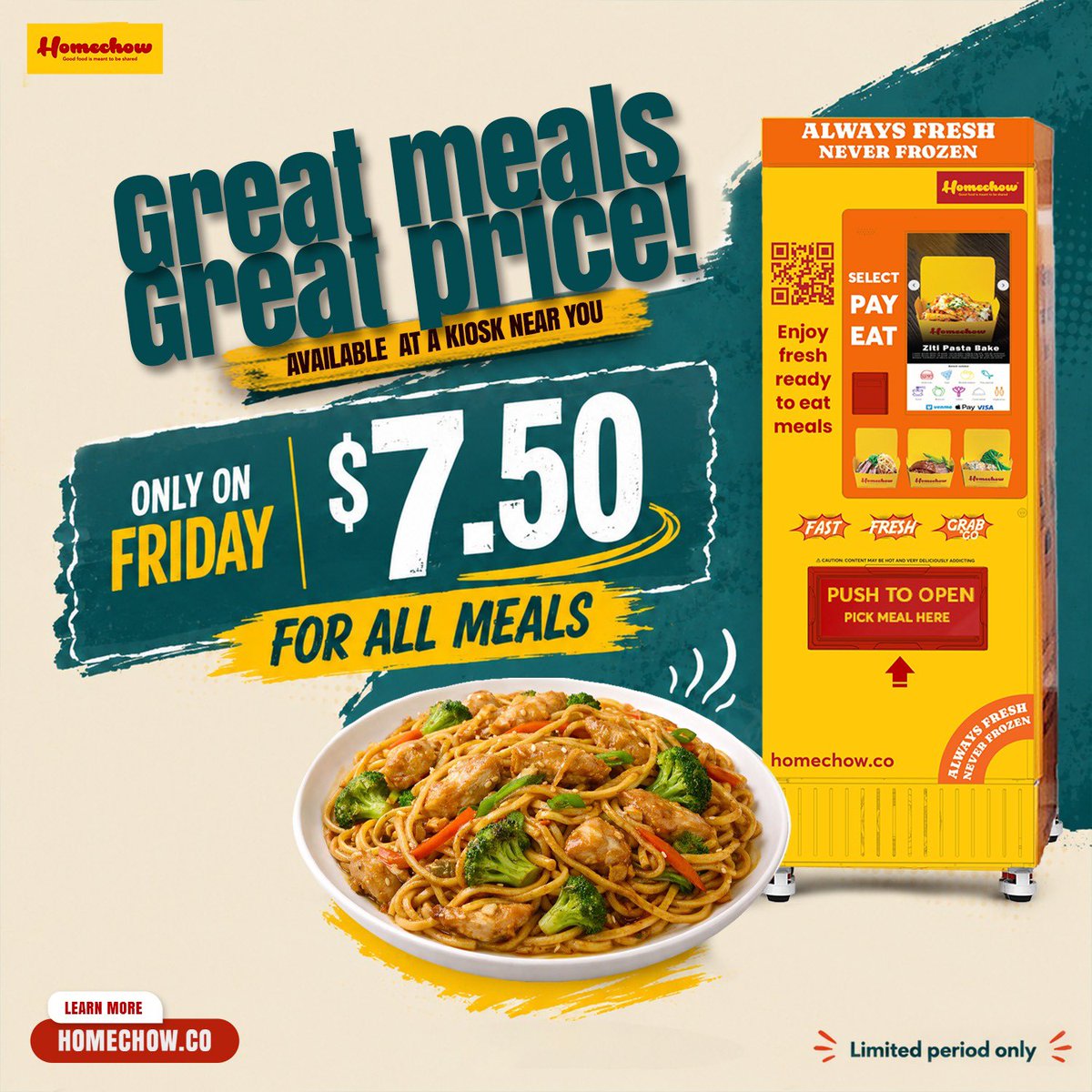 HomechowCo's tweet photo. 🔥 FRIDAY DEAL ALERT 🔥

Great meals. Great price. What more could you ask for?

Today only — grab ANY meal from a Homechow kiosk near you for just $7.50! 🎉

Chef-made. Always fresh. Never frozen. Ready when you are. Just select, pay, and eat — it’s that easy.

Don’t let this one slide. Swing by your nearest kiosk and treat yourself to something delicious before the day’s over! ⏰

👉 Find a kiosk near you at https://t.co/8IC8FOverr

#FreshMeals #FridayDeals #HomechowEats #GrabAndGo #MealDeal